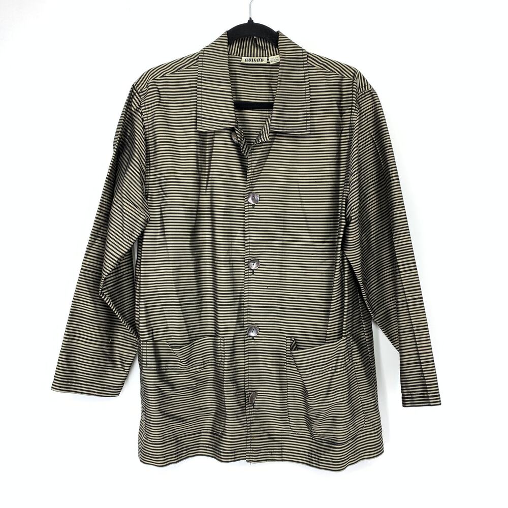 Chicos Design Button Front Shirt Jacket Womens Size 1 US M 100% Silk Beige Black